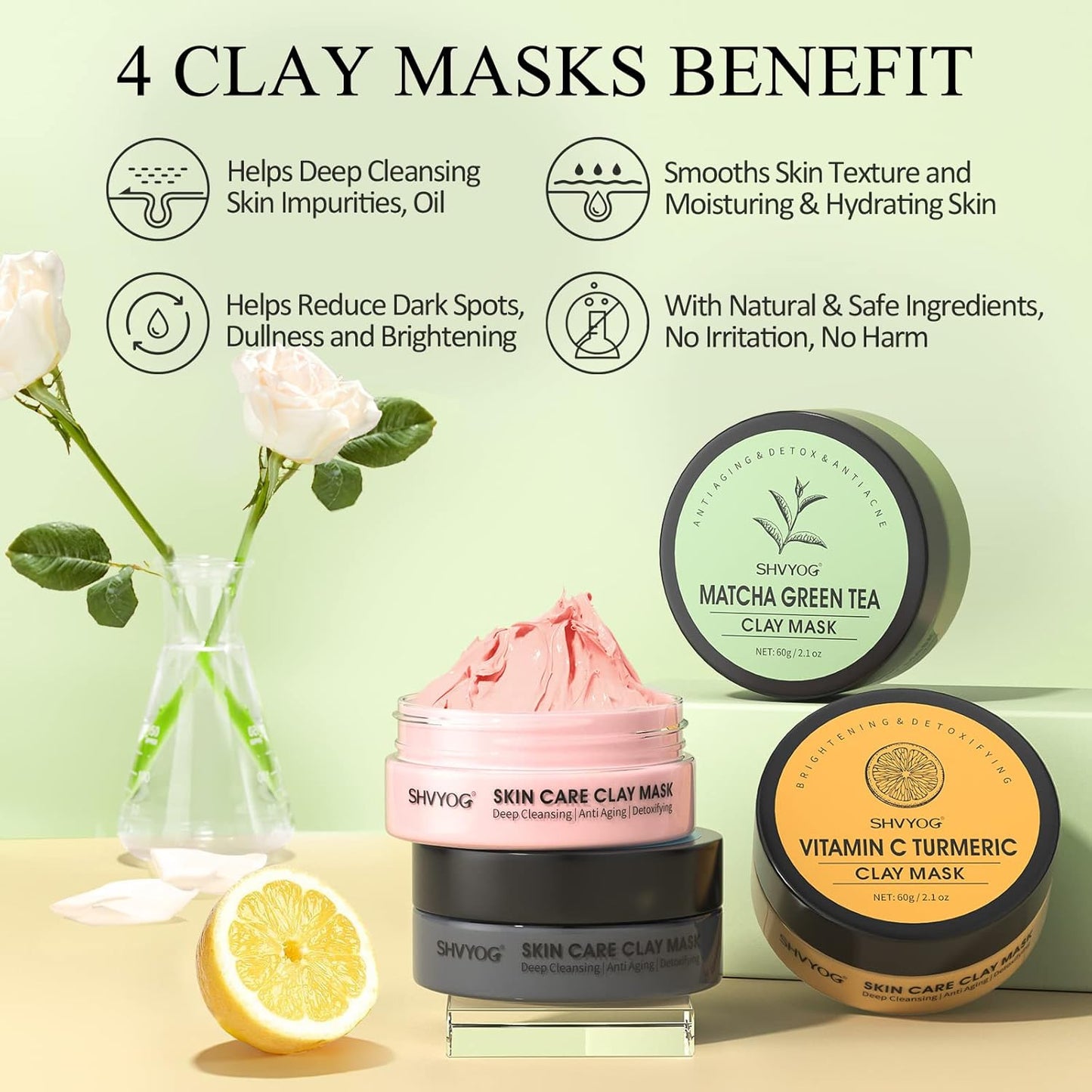 SHVYOG 4Pcs Face Mask Set - Turmeric Clay Mask, Vitamin C, Green Tea, Rose, Dead Sea Mud Mask, Skin Care Mask for Deep Cleansing, Refining Pores, Stocking Stuffers for Women, Gifts for Women- 240G