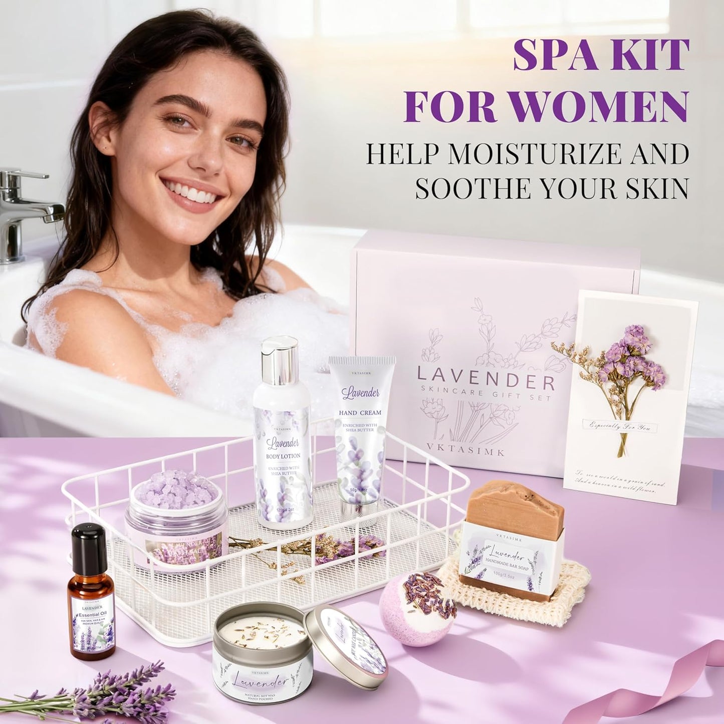 Gifts for Women, Lavender Bath and Body Gift Basket Relaxing Spa Self Care Gift, Mothers Day Gifts Happy Birthday Gift Baskets, Thank You for Mom Her Sister Wife Girlfriend Teacher Friends Friendship