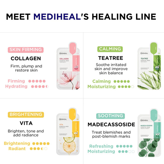 Mediheal Sheet Mask New Essential HERO 16 Pack (Collagen, Tea Tree, Madecassoside, Vita) | Korean Skincare Facial Sheet Mask Combo Kbeauty Korean Glass Skin