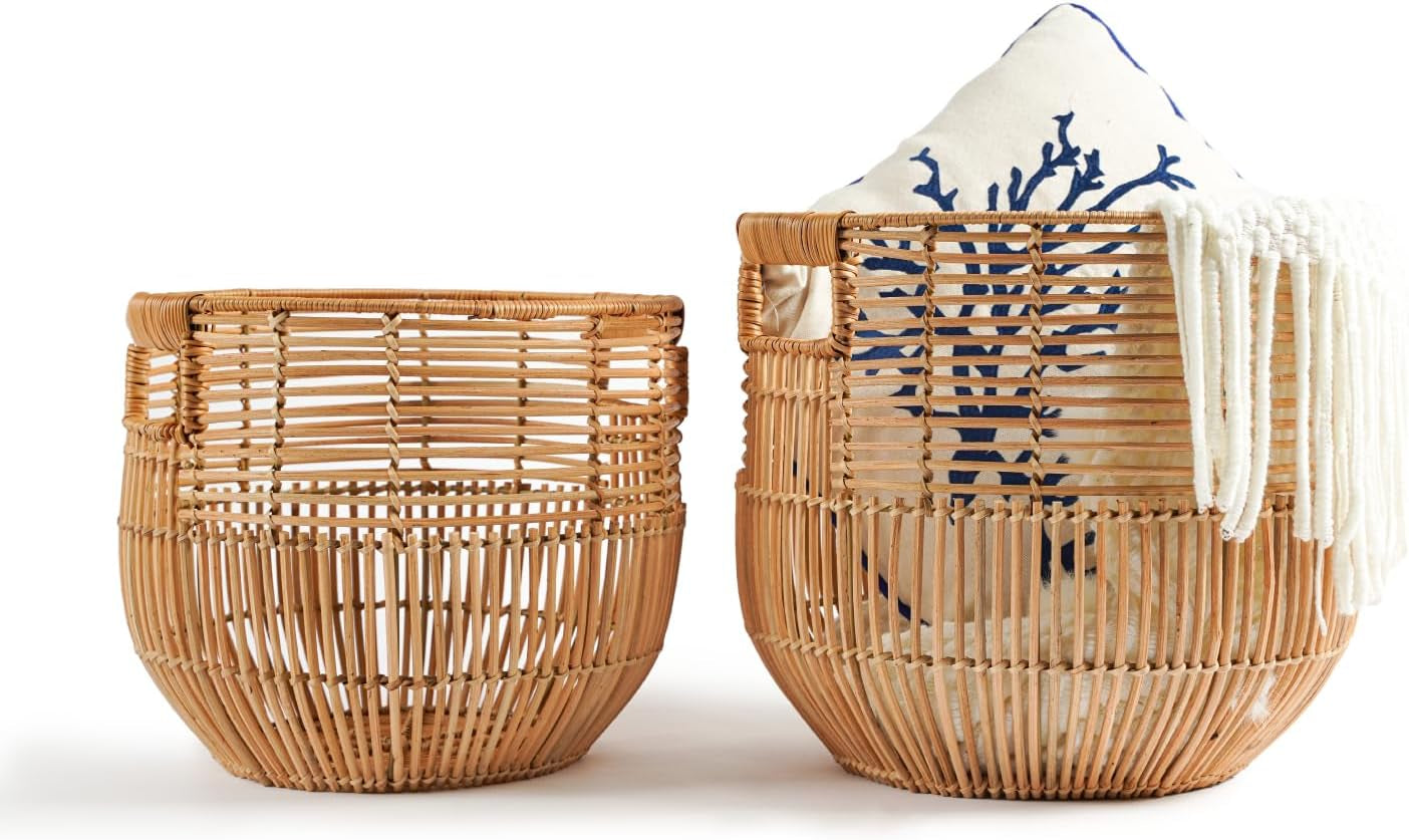 Set of 2 Large Woven Blanket Baskets with Handles