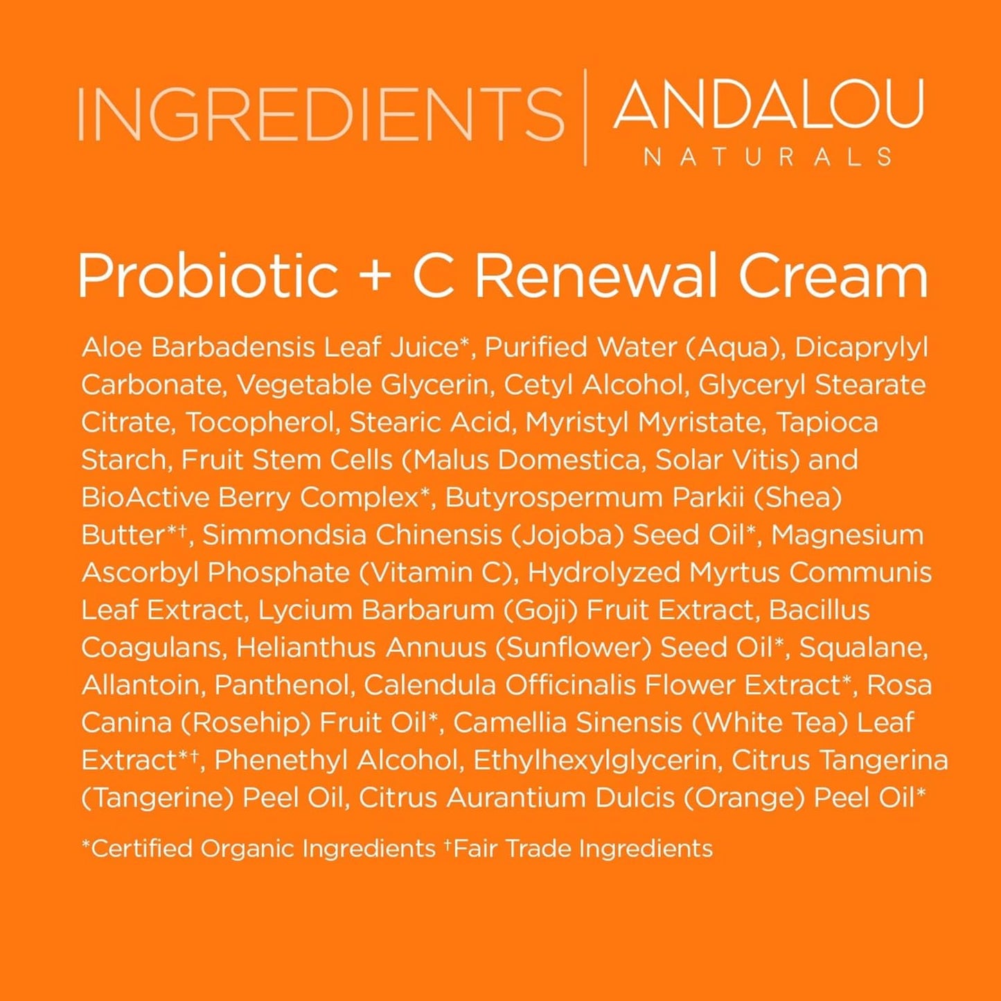 Andalou Naturals Probiotic + C Renewal Cream, Probiotic plus C, Complexion Enhancing Face Moisturizer, Helps Promote Firmer Skin & More Even Skin Tone, Lightweight Hydrating Facial Moisturizer, 1.7 Oz