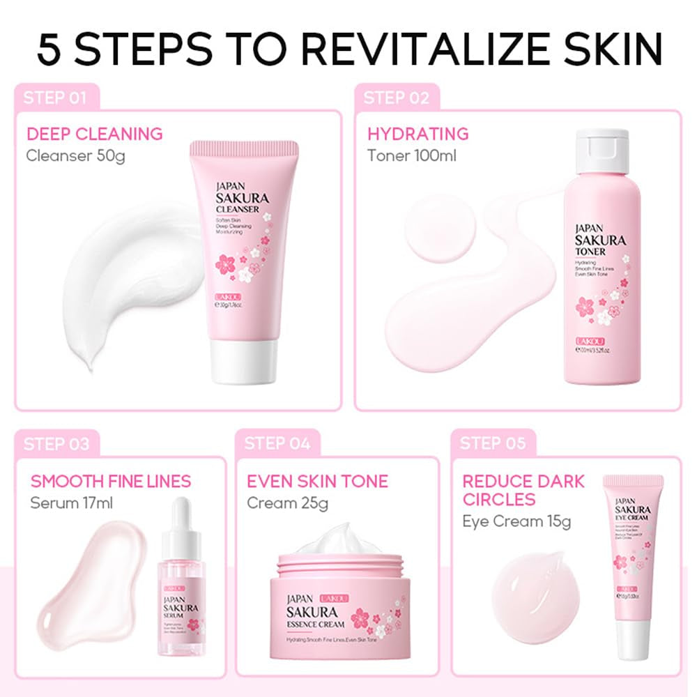 Sakura Skincare Kit for Teenage Girls Women, 5Pcs Skin Care Travel Present Set with Cleanser, Toner, Serum, Eye Cream, Face Cream