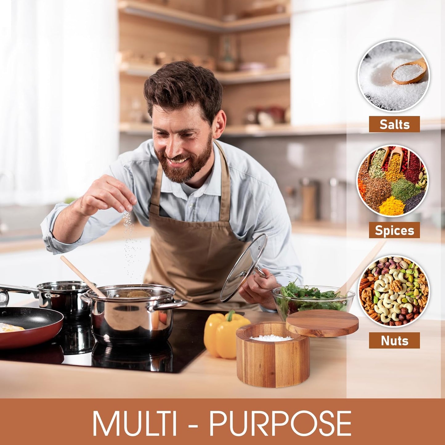 Demigo Acacia Wood Salt Box with Swivel Lid – 9oz Spice Keeper