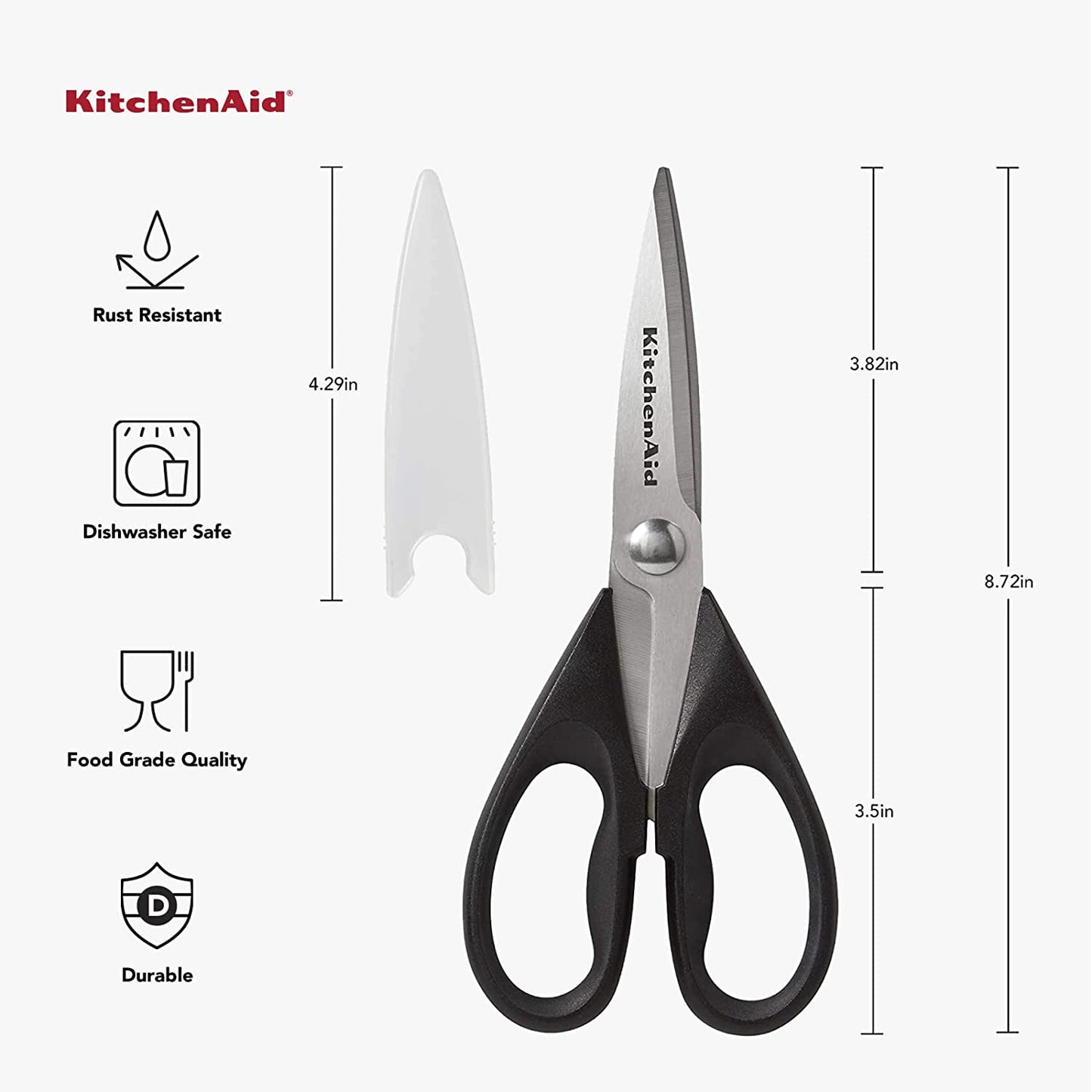 Kitchenaid All Purpose Kitchen Shears with Protective Sheath Durable Stainless Steel Scissors, Dishwasher Safe, Soft Grip Comfort Handle, 8.72 Inch, Black