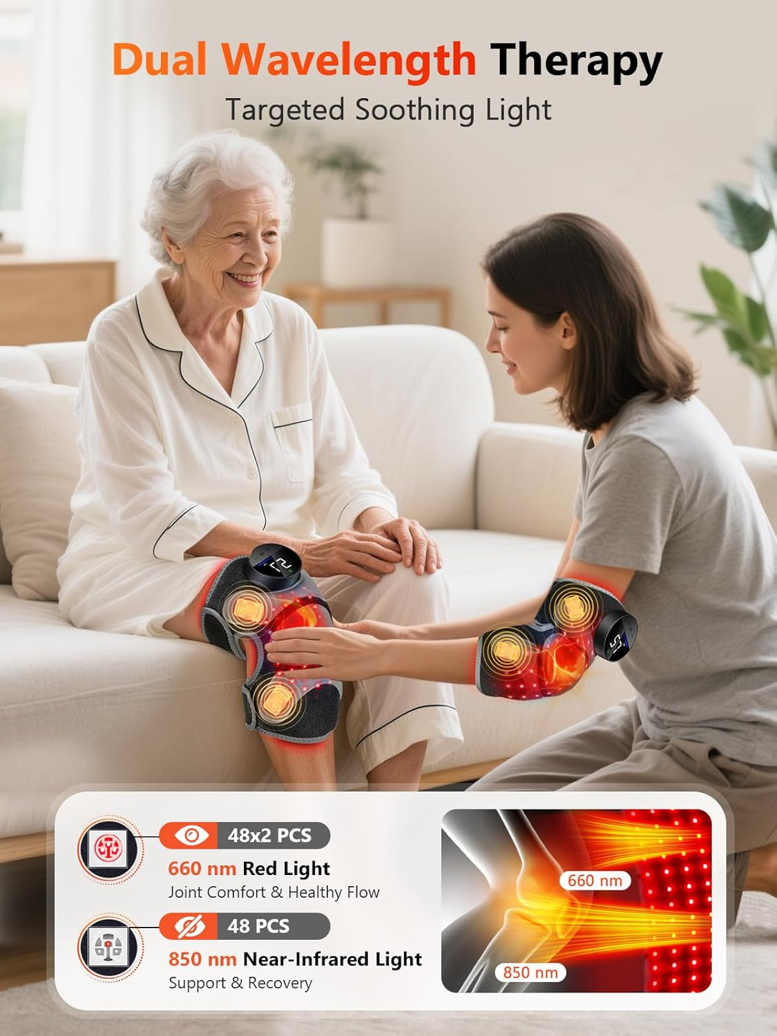 Upgrade 4 Massage Area Knee Brace & Red Light Therapy for Knee, Cord-Free Rechargeable Controller, 20Min Auto Shut-Off, 660Nm & 850Nm Red Light Therapy Device for Knee/Elbow/Shoulder.