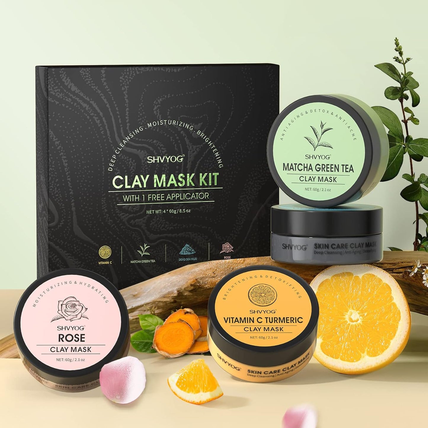 SHVYOG 4Pcs Face Mask Set - Turmeric Clay Mask, Vitamin C, Green Tea, Rose, Dead Sea Mud Mask, Skin Care Mask for Deep Cleansing, Refining Pores, Stocking Stuffers for Women, Gifts for Women- 240G