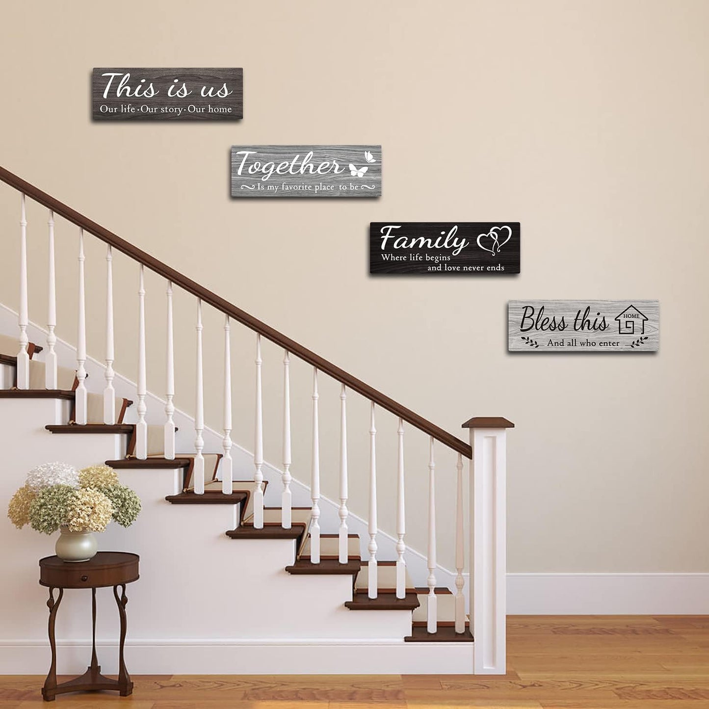 4 Pieces Home Wall Decor Signs, This Is Us/ Together/ Bless This/ Family Rustic Wooden Wall Art with Quotes for Living Room Bedroom Kitchen Farmhouse Decor,Housewarming Gifts (Grey Black White, 15 X 5.1 Inch)