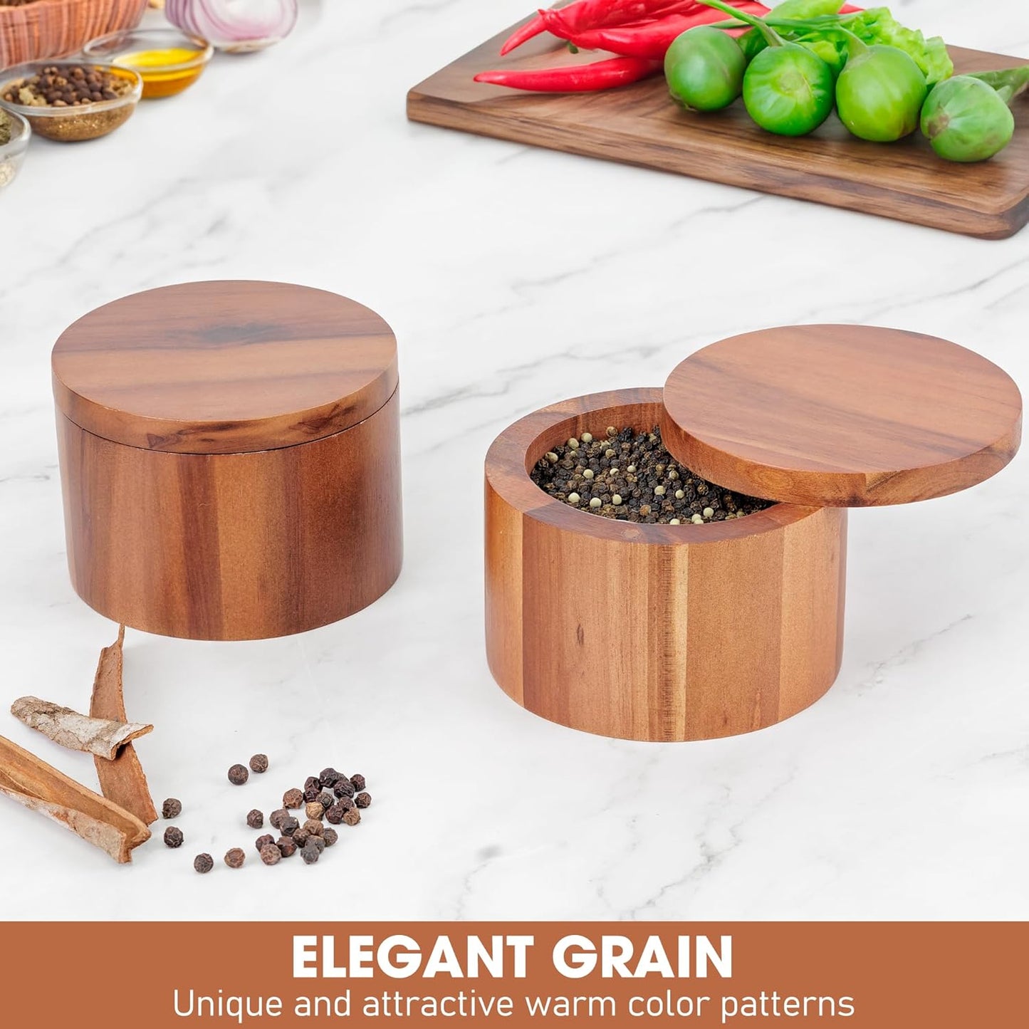 Demigo Acacia Wood Salt Box with Swivel Lid – 9oz Spice Keeper