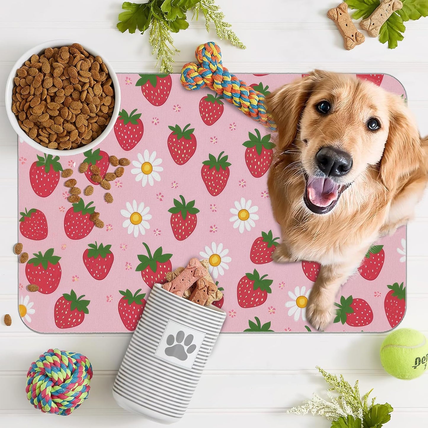 Cute Strawberry Flower Dog Cat Food Mat