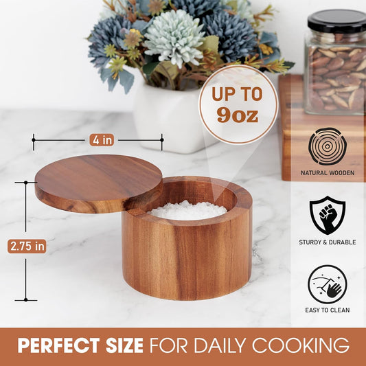 Demigo Acacia Wood Salt Box with Swivel Lid – 9oz Spice Keeper