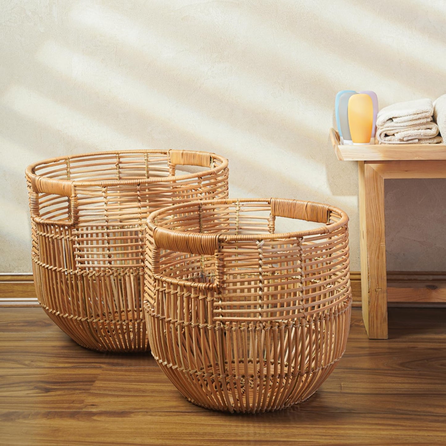 Set of 2 Large Woven Blanket Baskets with Handles