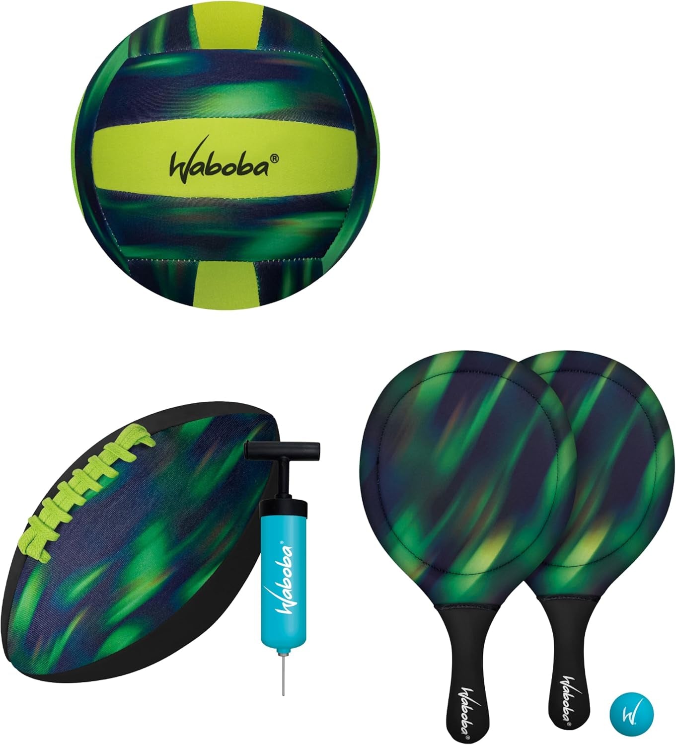 Waboba Sport Beach Pack – Includes 9 Inch Water Football, Beach Volleyball & Paddle Set – Perfect Summer Essential Bundle for Beach Games – Vacation Toys for Kids & Adults Ages 8 & up – Green