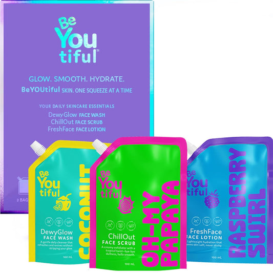 Beyoutiful 3 Step Teen Skin Care Kit, Face Wash, Face Scrub, Face Moisturizer Lotion, Skincare Routine Gift Set for Tweens and Kids in Trendy Squeeze Pouches, Vegan, for Girls and Boys