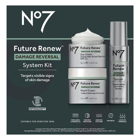 No7 Future Renew Damage Reversal Skincare Set - anti Aging Face Serum (.33 Fl Oz), Day Cream with SPF 25 (1.69 Fl Oz) & Night Cream (1.69 Fl Oz) - Reverses Visible Signs of Sun Damage - 3-Piece Set