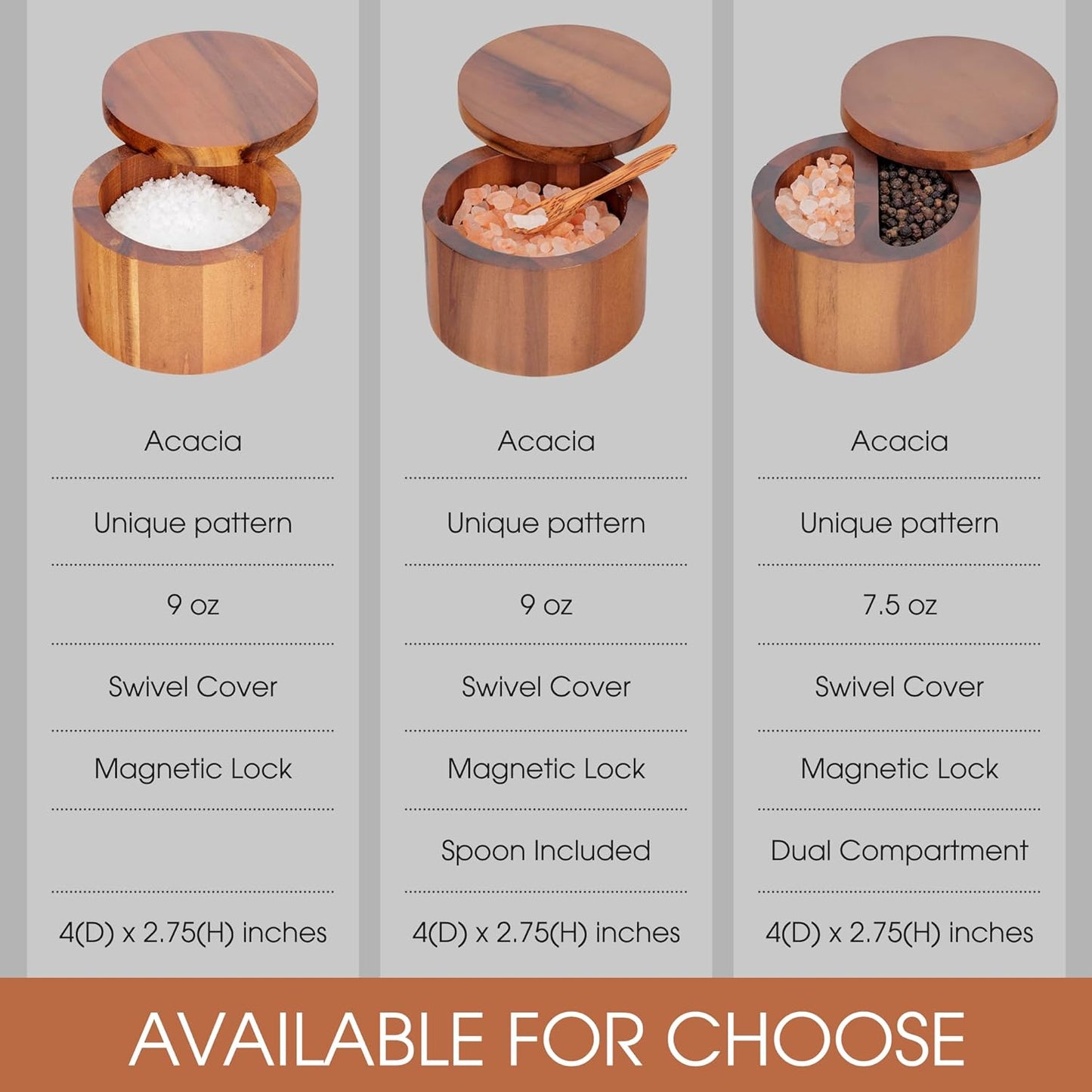 Demigo Acacia Wood Salt Box with Swivel Lid – 9oz Spice Keeper