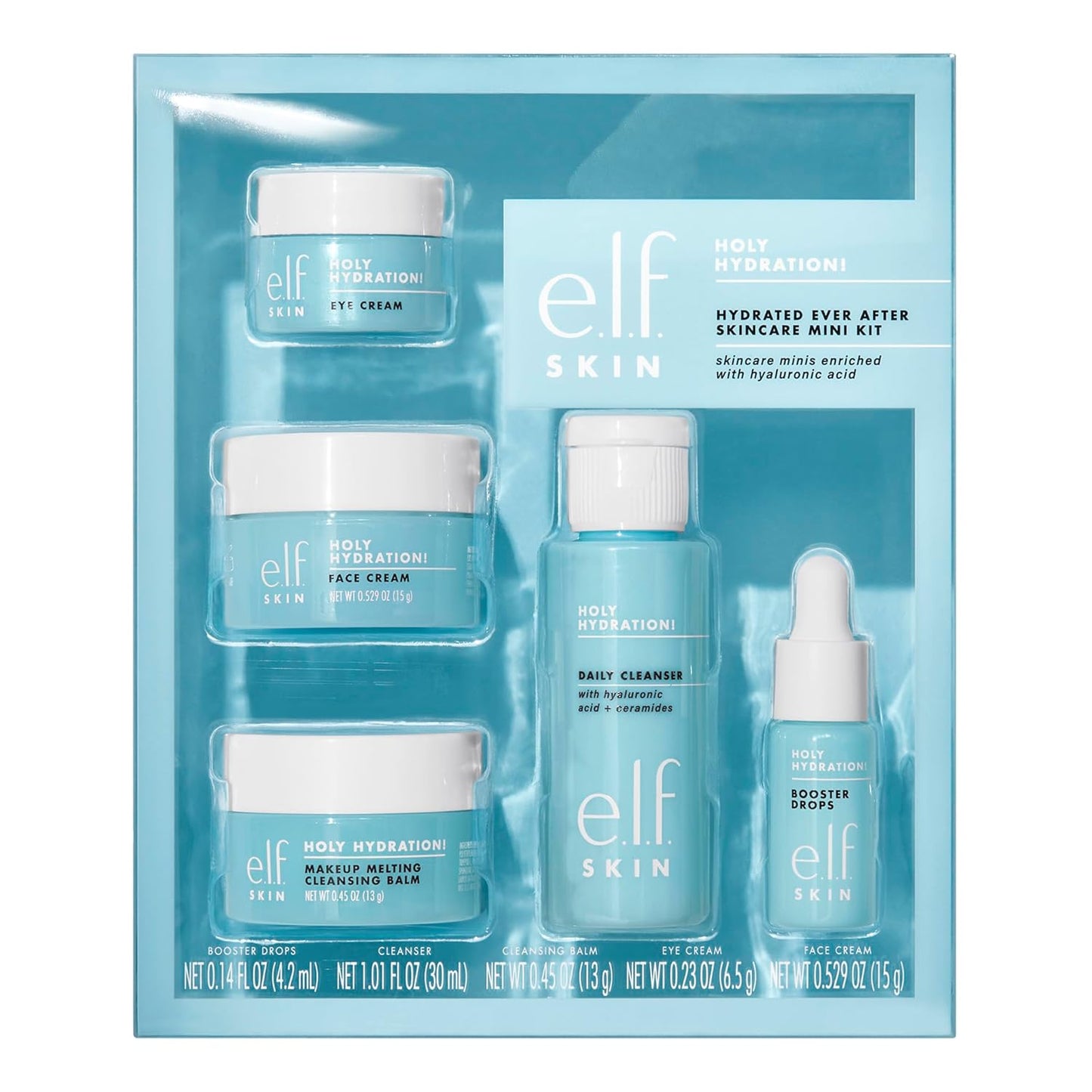 E.L.F. SKIN Holy Hydration! Hydrated Ever after Skincare Mini Kit, Cleanser, Makeup Remover, Moisturizer & Eye Cream for Hydrating Skin, Airplane-Friendly Sizes
