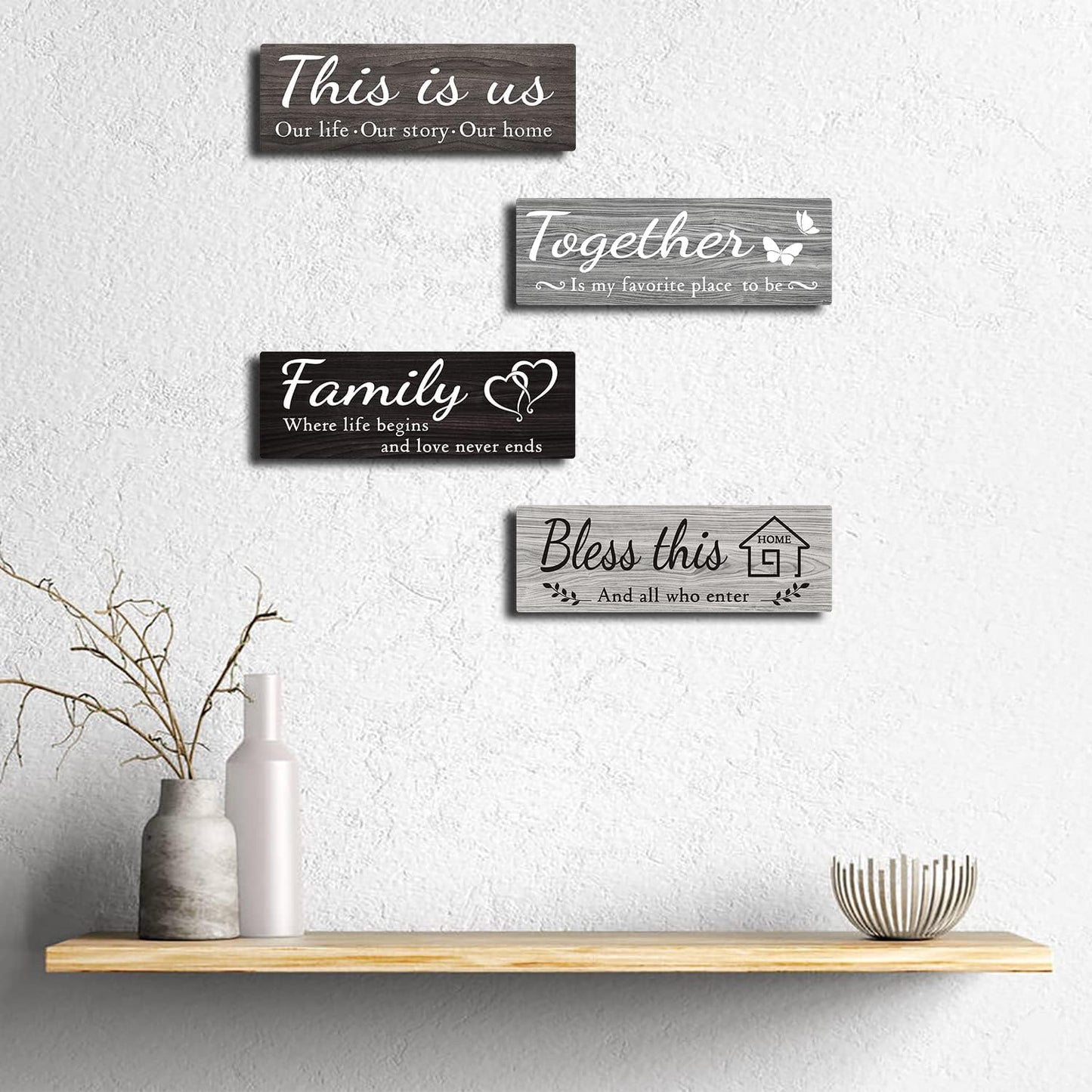 4 Pieces Home Wall Decor Signs, This Is Us/ Together/ Bless This/ Family Rustic Wooden Wall Art with Quotes for Living Room Bedroom Kitchen Farmhouse Decor,Housewarming Gifts (Grey Black White, 15 X 5.1 Inch)