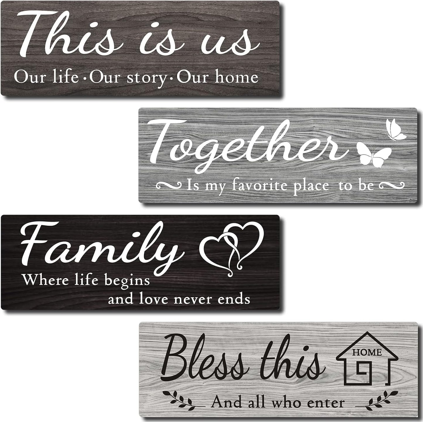 4 Pieces Home Wall Decor Signs, This Is Us/ Together/ Bless This/ Family Rustic Wooden Wall Art with Quotes for Living Room Bedroom Kitchen Farmhouse Decor,Housewarming Gifts (Grey Black White, 15 X 5.1 Inch)