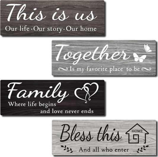 4 Pieces Home Wall Decor Signs, This Is Us/ Together/ Bless This/ Family Rustic Wooden Wall Art with Quotes for Living Room Bedroom Kitchen Farmhouse Decor,Housewarming Gifts (Grey Black White, 15 X 5.1 Inch)