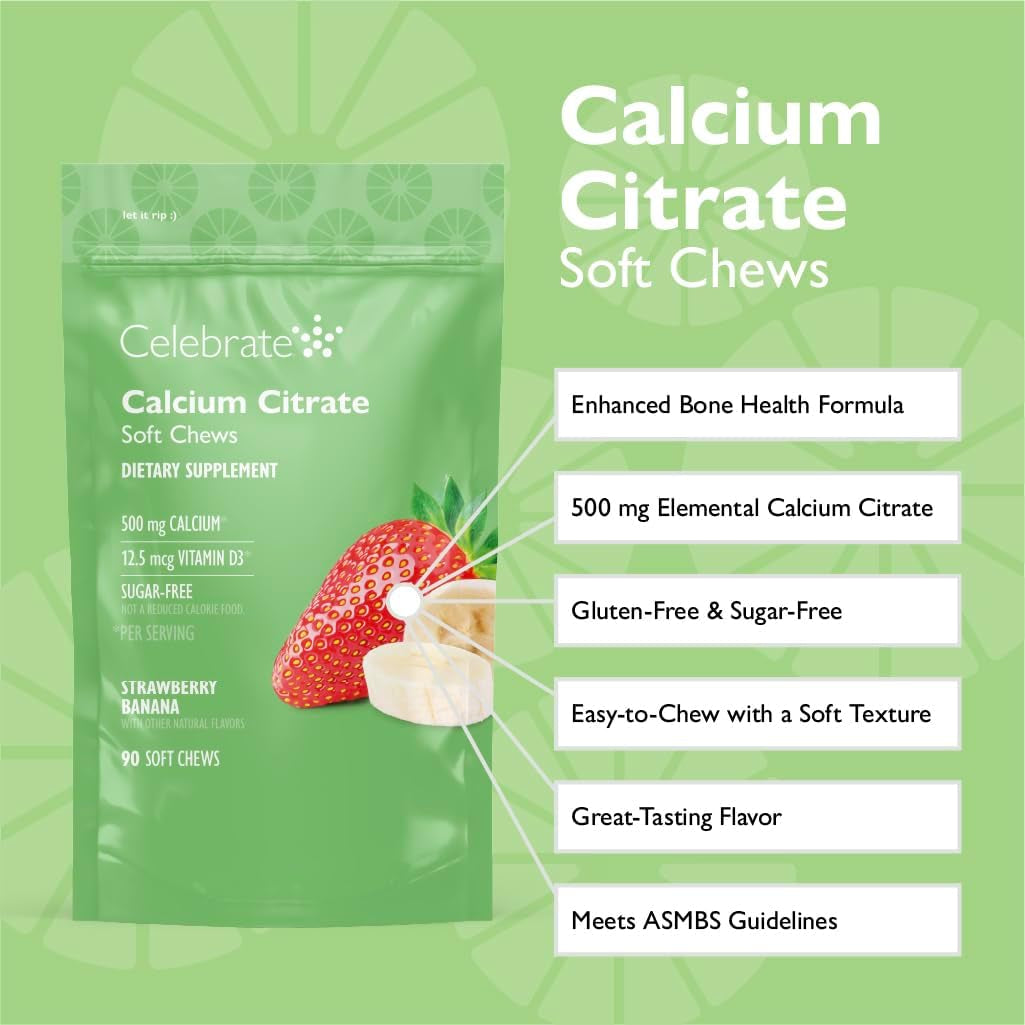 Bariatric 500Mg Calcium Citrate Soft Chews with 500 IU Vitamin D3 – Essential for Gastric Bypass Patients & Bone Health - Sugar & Gluten Free, Strawberry Banana Cream (90 Chews)