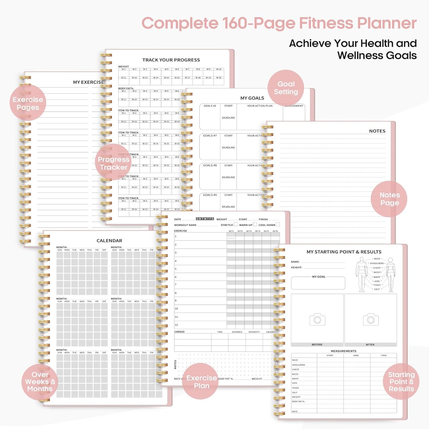 Fitness Workout Journal for Women & Men, A5(5.5" X 8.2") Workout Log Book Planner for Tracking, Progress, and Achieving Your Wellness Goals-Pink