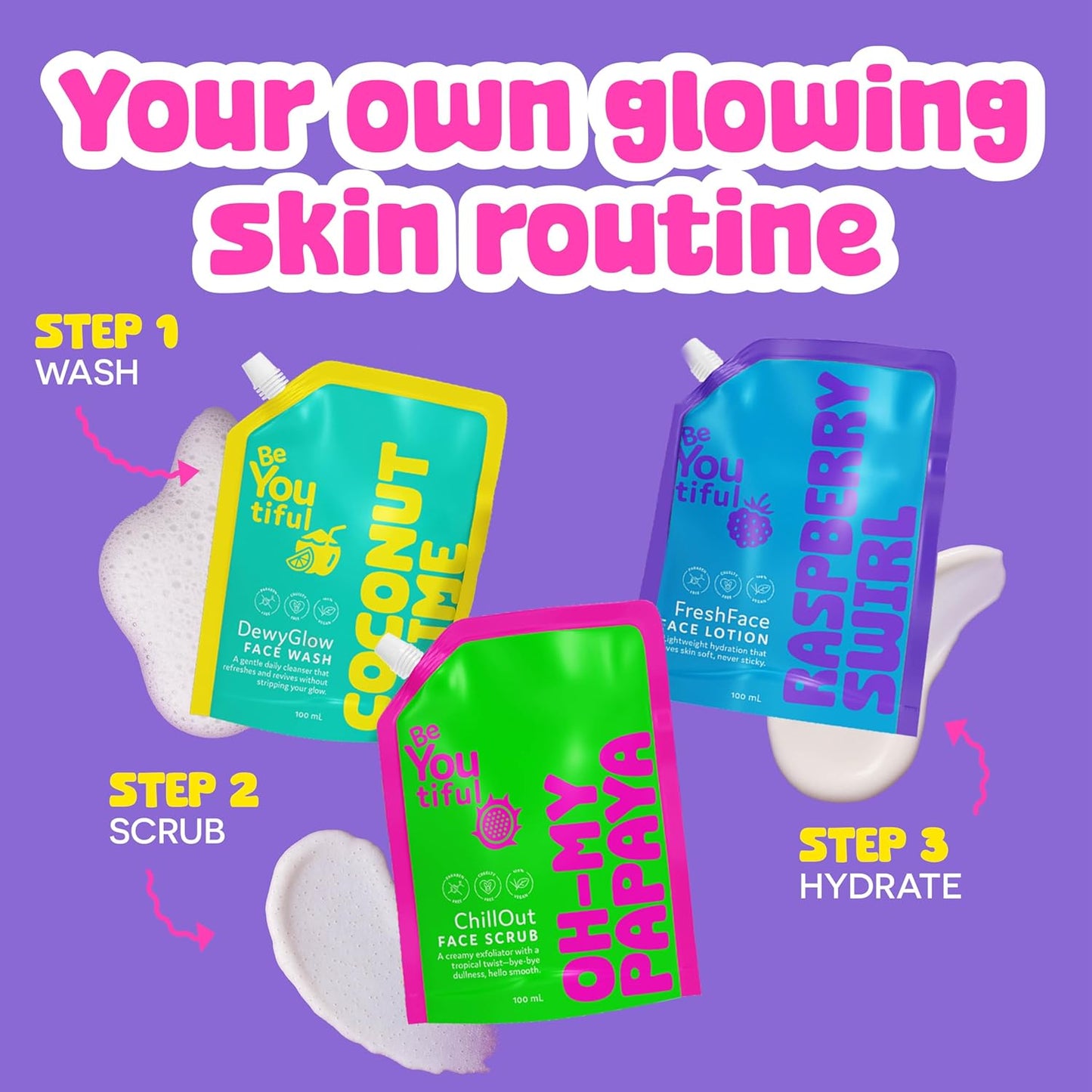 Beyoutiful 3 Step Teen Skin Care Kit, Face Wash, Face Scrub, Face Moisturizer Lotion, Skincare Routine Gift Set for Tweens and Kids in Trendy Squeeze Pouches, Vegan, for Girls and Boys