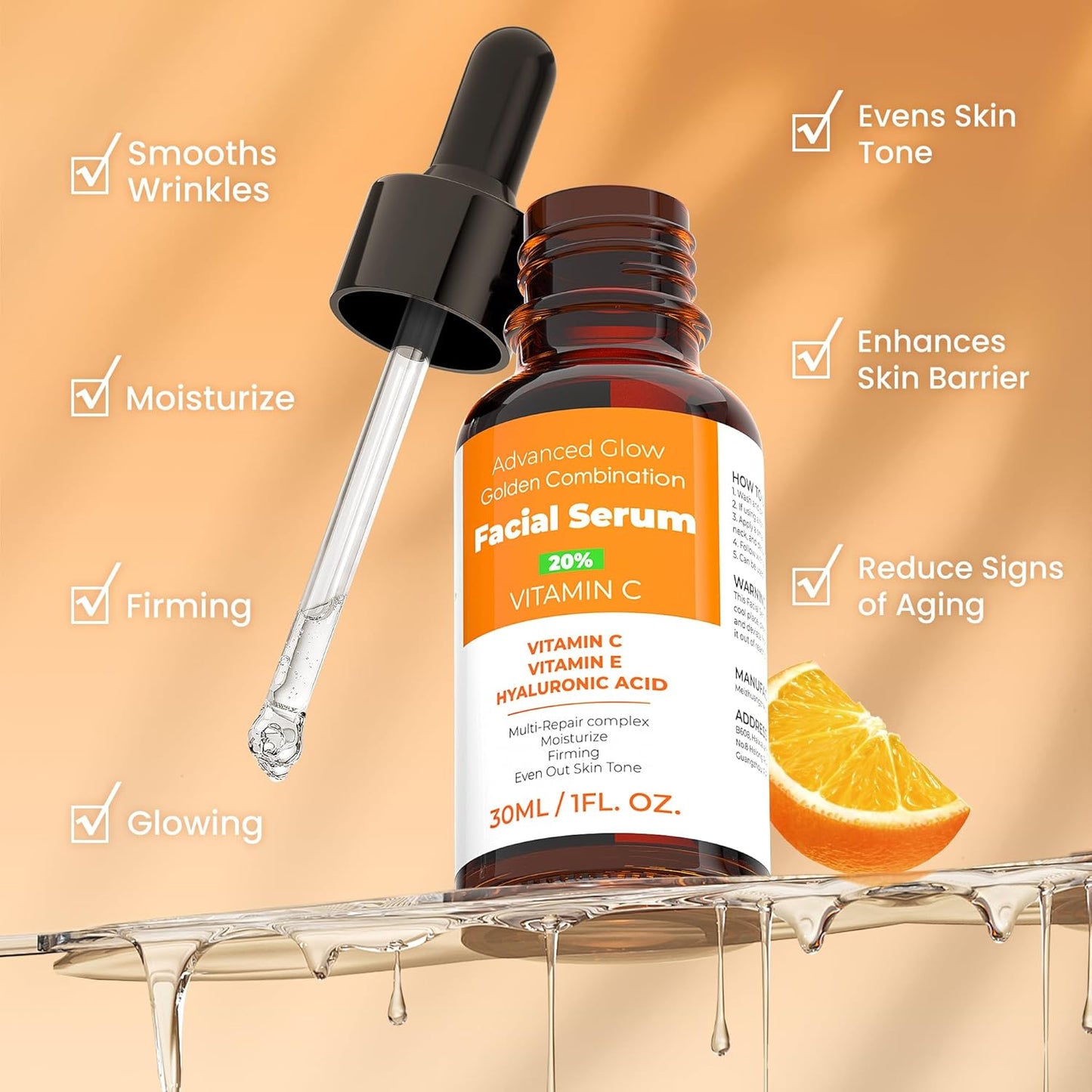 20% Vitamin C Face Serum with Golden Combination of Hyaluronic Acid and Vitamin E | Reduce Acne Spots | Even Skin Tone | Hydrating Face Serum Moisturising & Firming Skin Care | 1 Fl. Oz