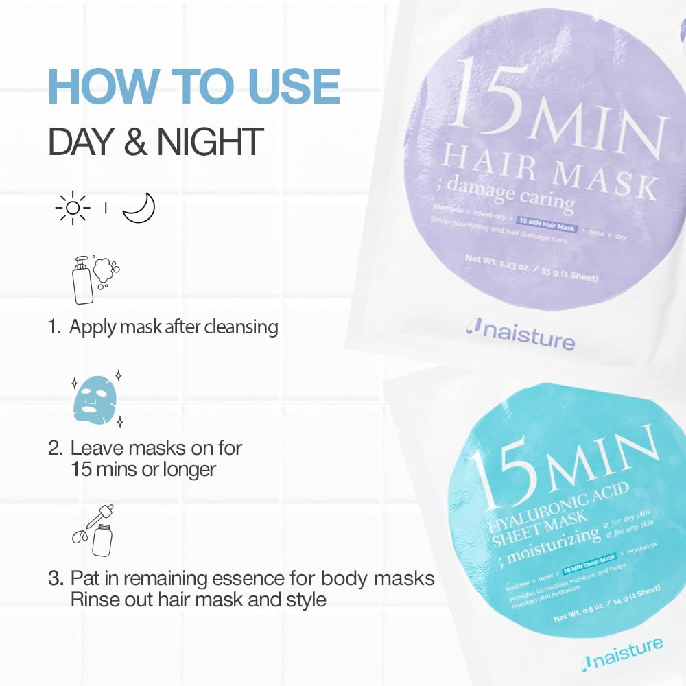 15 Min Groom Me Kit by Naisture – Korean at Home Spa Kit for Men with Hair Mask, Collagen Mask, Tea Tree Face Mask, Hyaluronic Acid Mask, and Eye Mask