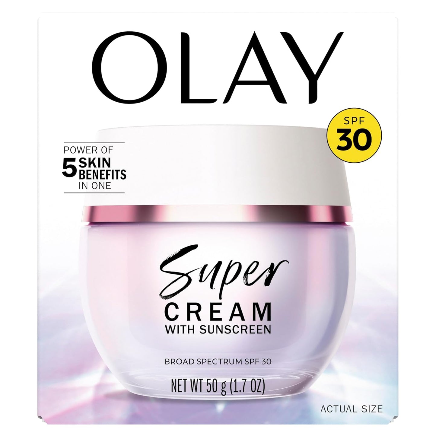 Olay Super Cream with Sunscreen SPF 30, Lightweight Face Moisturizer with Sun Protection, 5-In-1 Skin Care Benefits - Hydrating, Brightening, Firming - Niacinamide, Vitamin C, Collagen Peptide, 1.7 Oz